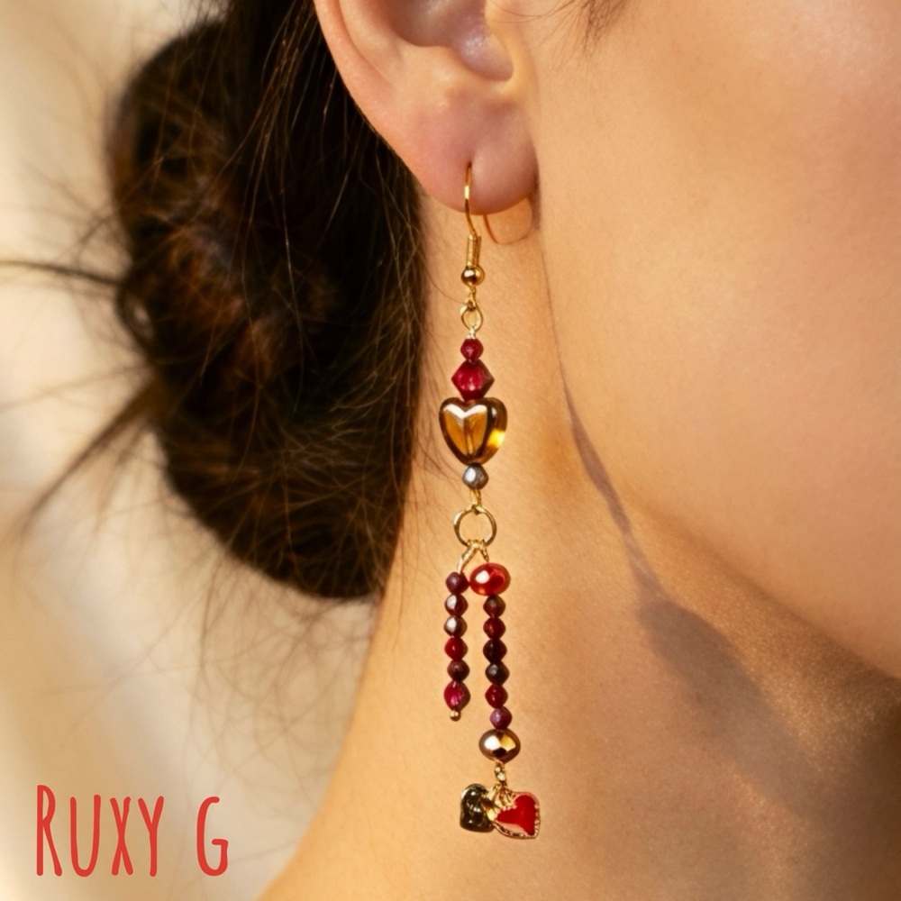 Gold and Red Heart Dangle Earrings